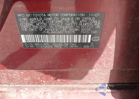 2008 Lexus Es 350 z USA, uszkodzony, nr VIN JTHBJ46G682193075